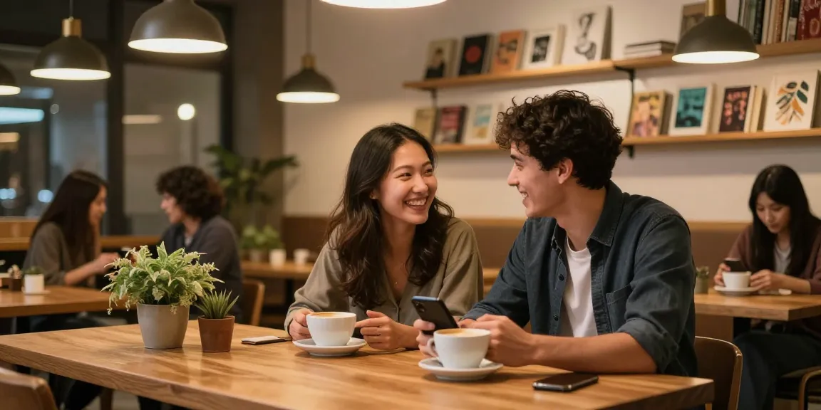 Couple enjoying f168 dating experience at cozy café, sharing stories over coffee in warm light.