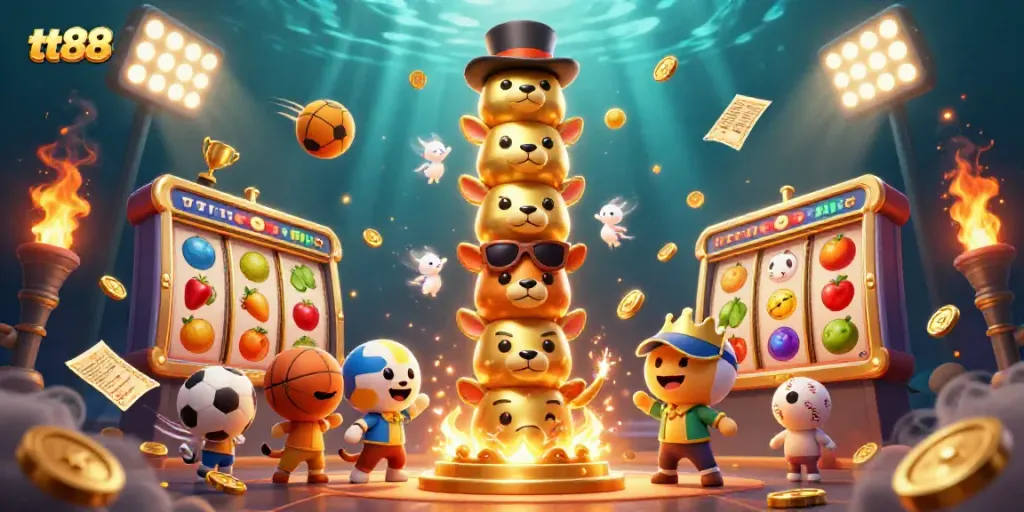 Experience the thrill of TT88 casino gaming with slots and jackpot elements in a vibrant 3D scene.
