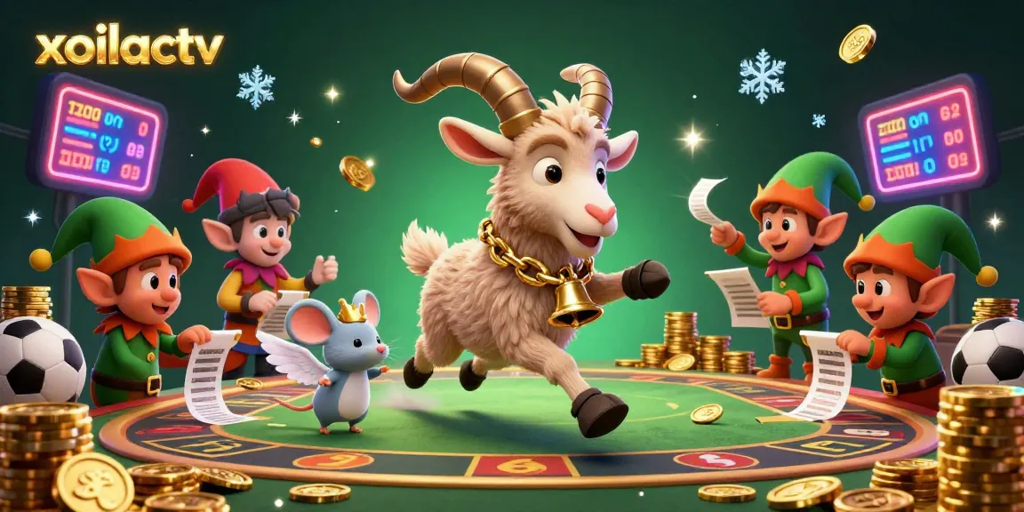 Engage with xoilactv's thrilling sports betting scene featuring Krampus goat and festive characters amidst dynamic gambling excitement.