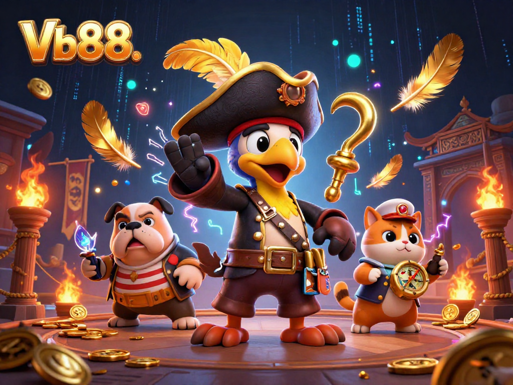 Engage with Vb88. in a vibrant casino scene featuring a pirate captain and more surrounded by colorful game elements.