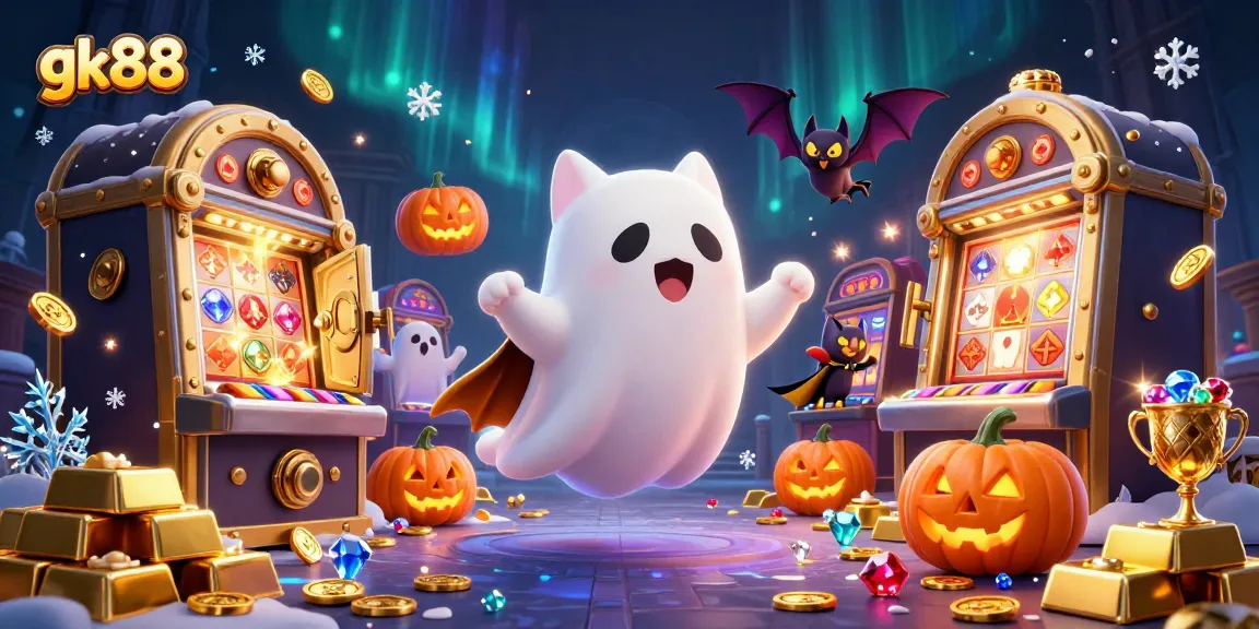 Visualize gk88 casino fun with a friendly ghost cat, treasure, and glowing elements.
