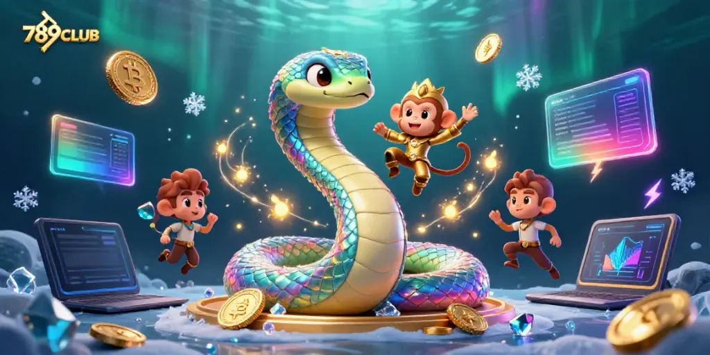 Experience the vibrant world of 789CLUB with a playful monkey king and a rainbow serpent in an enchanted casino.