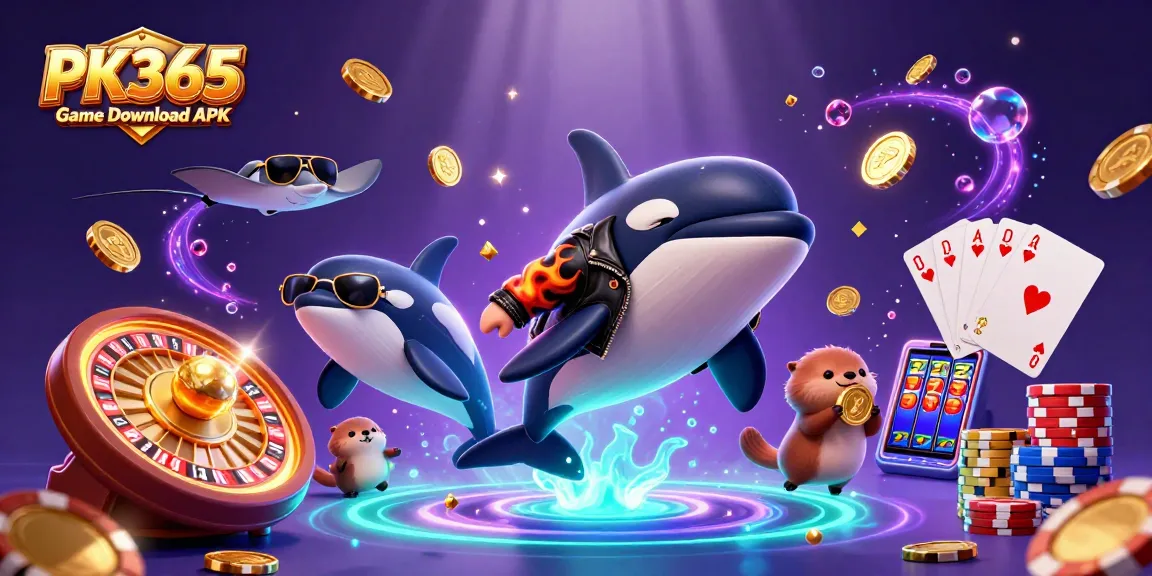 Enjoy thrilling wins with PK365 Game Download APK, featuring an orca, stingray, and otters celebrating casino games.