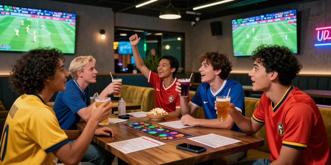 Suasana judi bola yang seru di lounge olahraga modern dengan teman-teman menikmati pertandingan langsung.