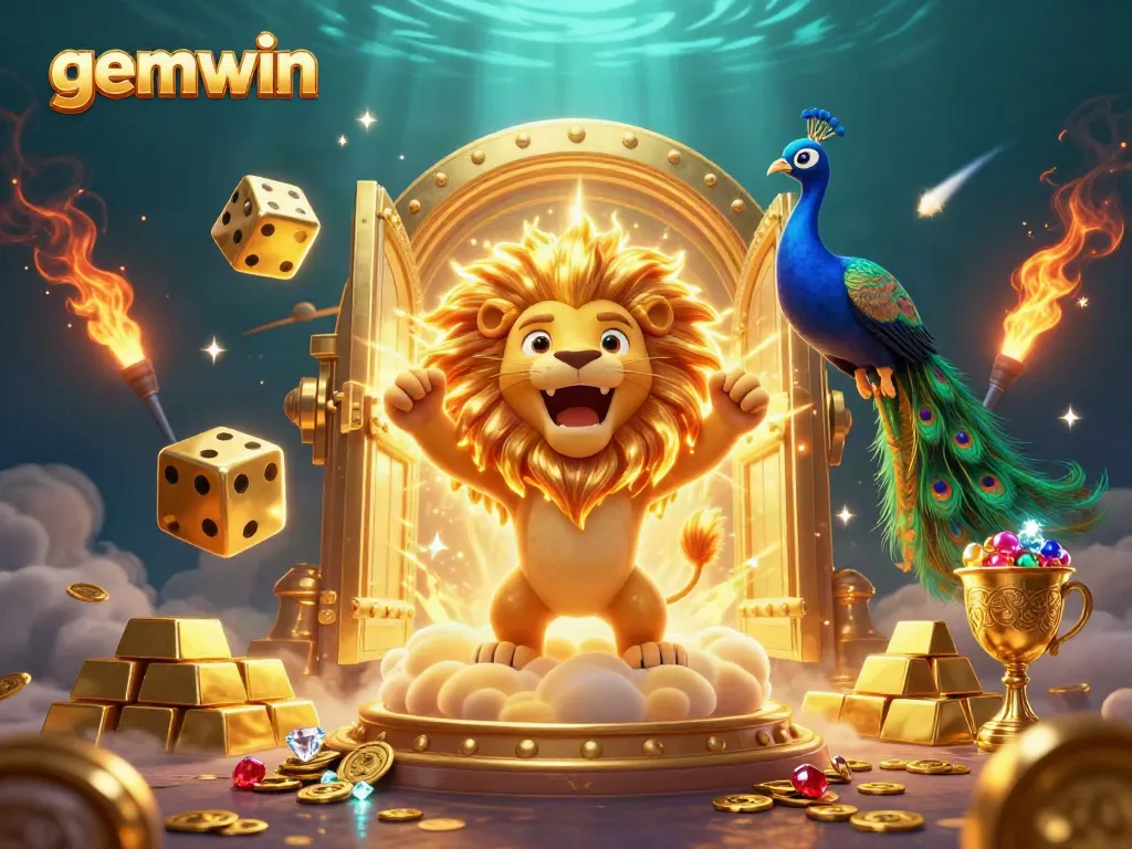 Win big at gemwin with a vivid digital scene of a roaring lion and golden treasures.