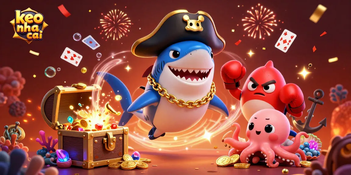 Join the excitement of keo nha cai with a striking illustration of a pirate shark and friends surrounded by treasures.