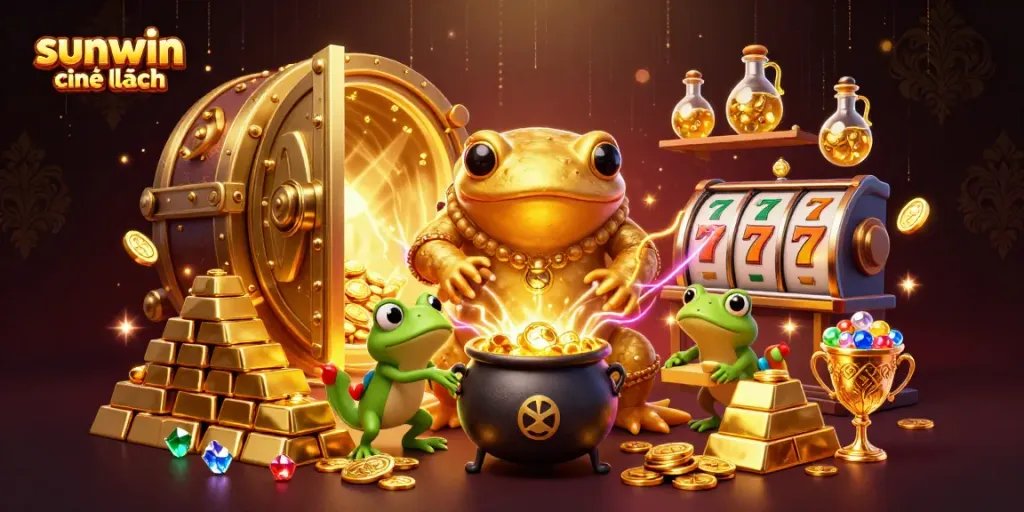 Spinning slot reels showcase sunwin chính hãng logo amidst a vibrant 3D casino scene.