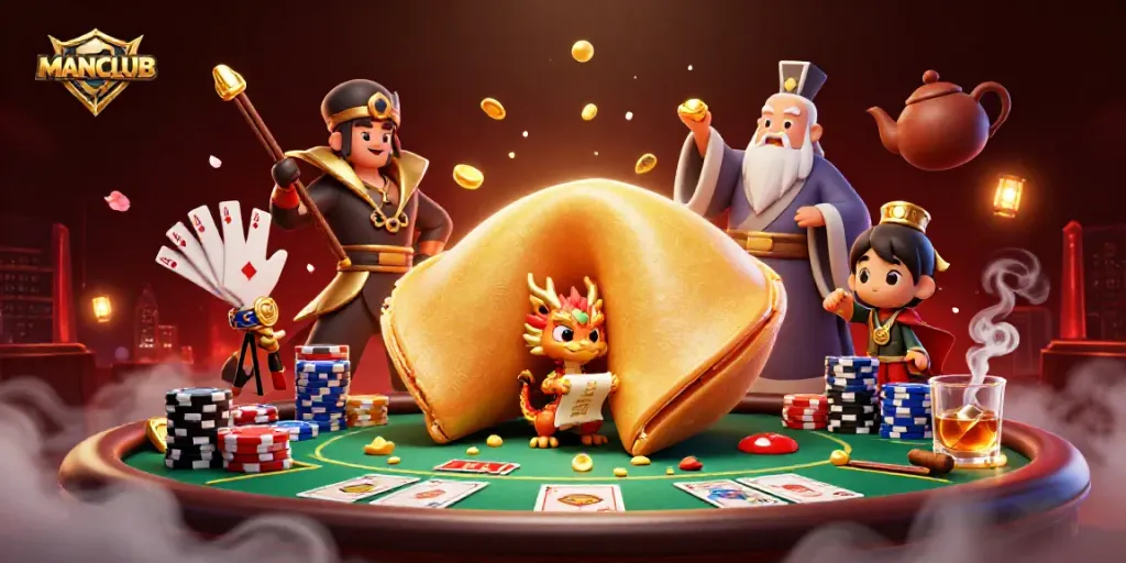 Engage in MANCLUB gambling excitement with a dynamic scene featuring various poker elements and characters.