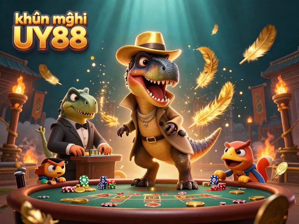 Engage with khuyến mãi UY88 in this animated casino scene featuring cartoon dinosaurs at tables.