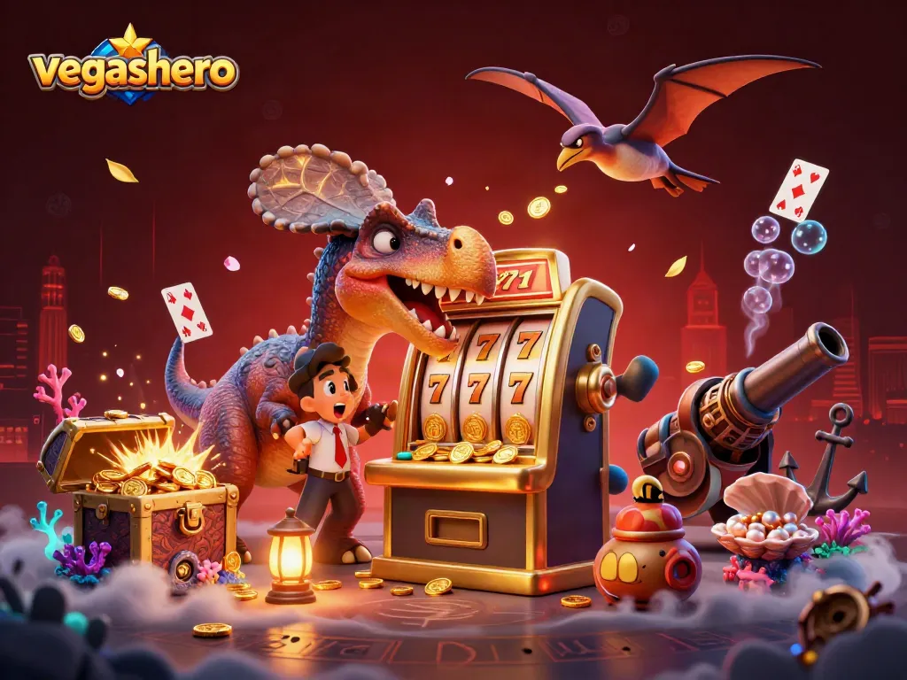 Headbutting pachycephalosaurus interacts with a golden slot machine at vegashero casino.