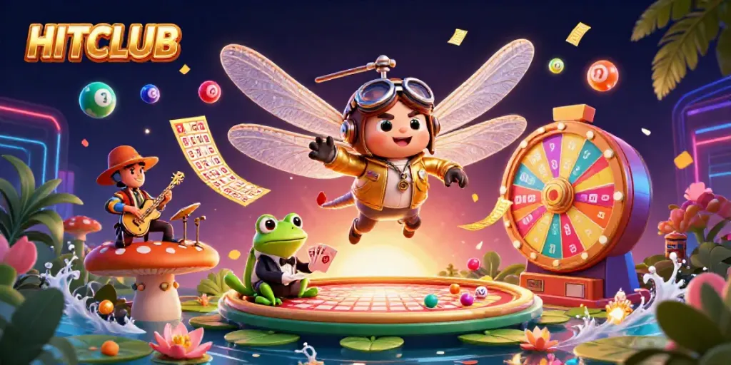 HITCLUB showcases a lively casino scene with dynamic gambling elements and whimsical characters.
