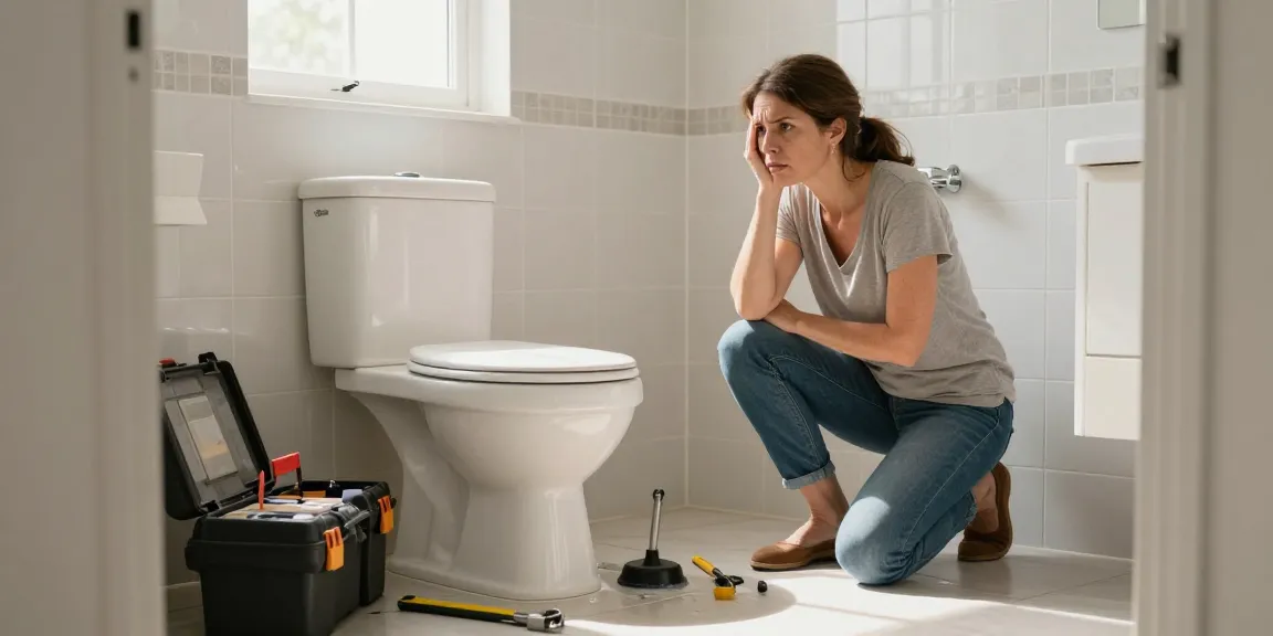Verstopte wc in een badkamer met een bezorgde huiseigenaar die naar de overlopende toiletpot kijkt.