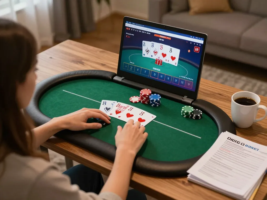 Enjoy engaging online poker at F8bét, showcasing a cozy home gaming environment with a laptop