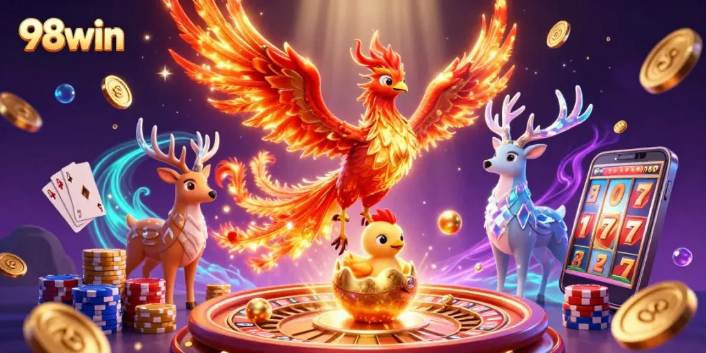 Engage with the thrilling world of 98win as a dynamic phoenix takes flight amidst casino treasures.