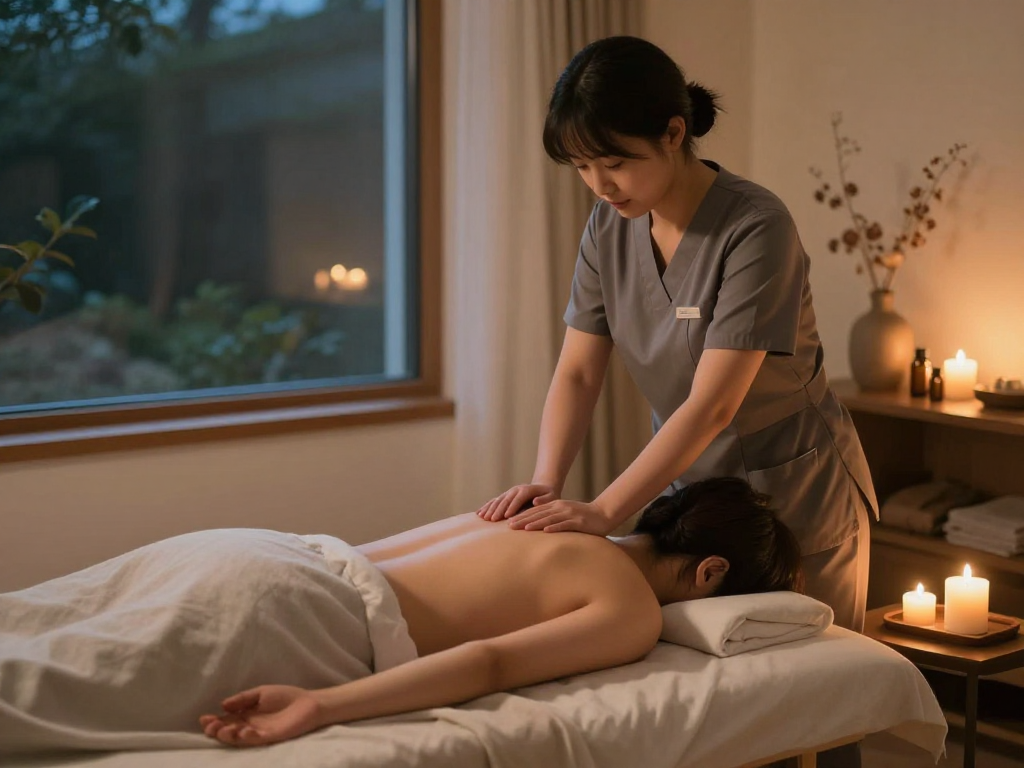 Relaxing 노원출장마사지 session with professional therapist in serene home setting.