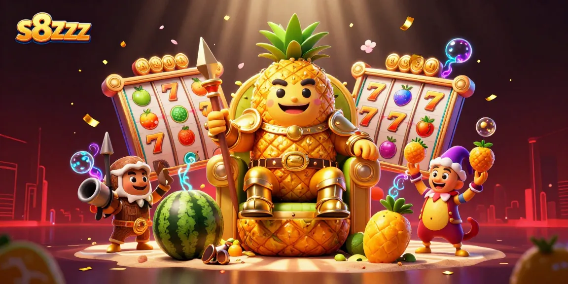 Experience thrilling action at s8zzz with a vibrant casino scene featuring a golden pineapple king and slot animations.