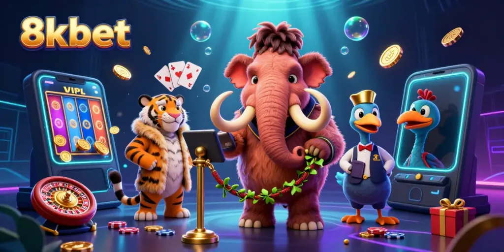 Experience interactive casino gaming with 8xbet's vibrant characters and engaging elements in an immersive setting.