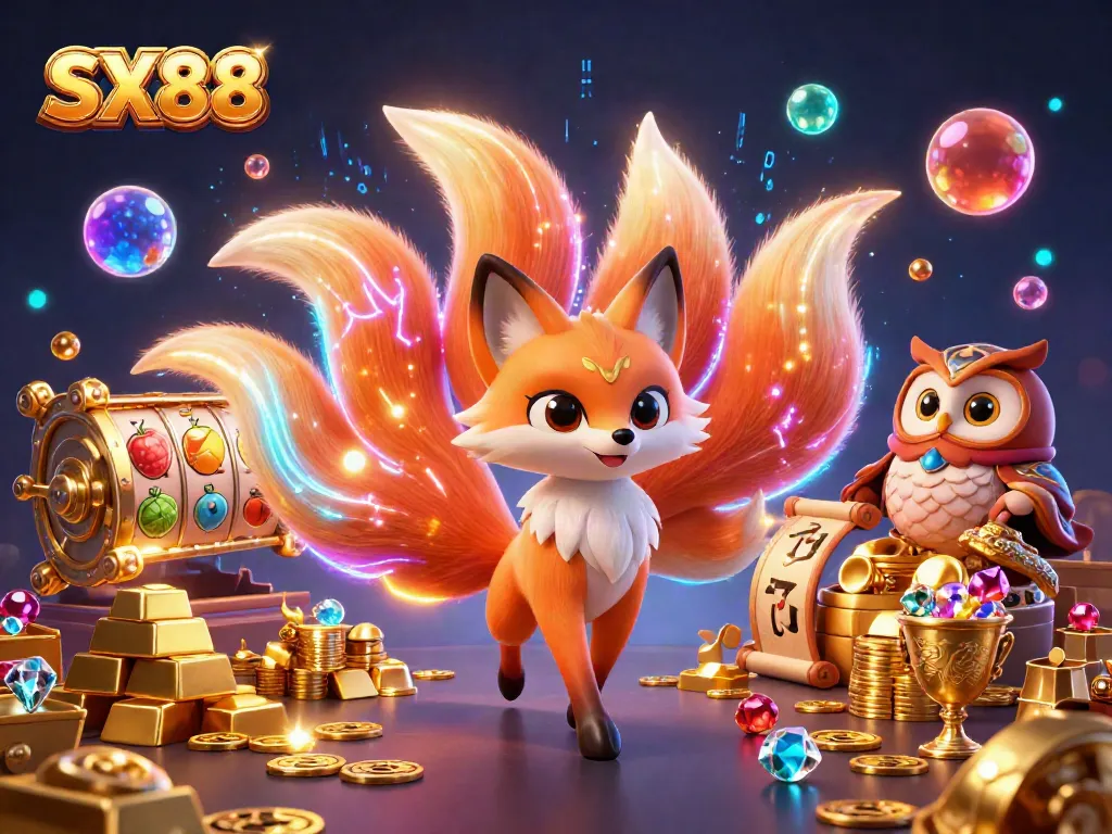 SX88 casino gameplay featuring colorful characters amidst a dynamic treasure scene with slot machines and gold.