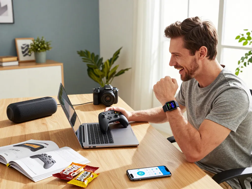 Enthusiastic man using the best tech gadgets for men in a modern workspace with Bluetooth devices and a vibrant atmosphere.