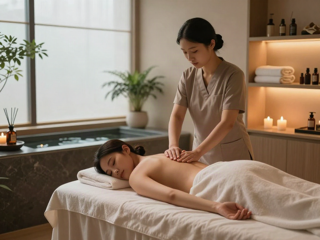 Experience a soothing 안산출장마사지 in a serene spa setting, featuring elegant décor and calming atmosphere.