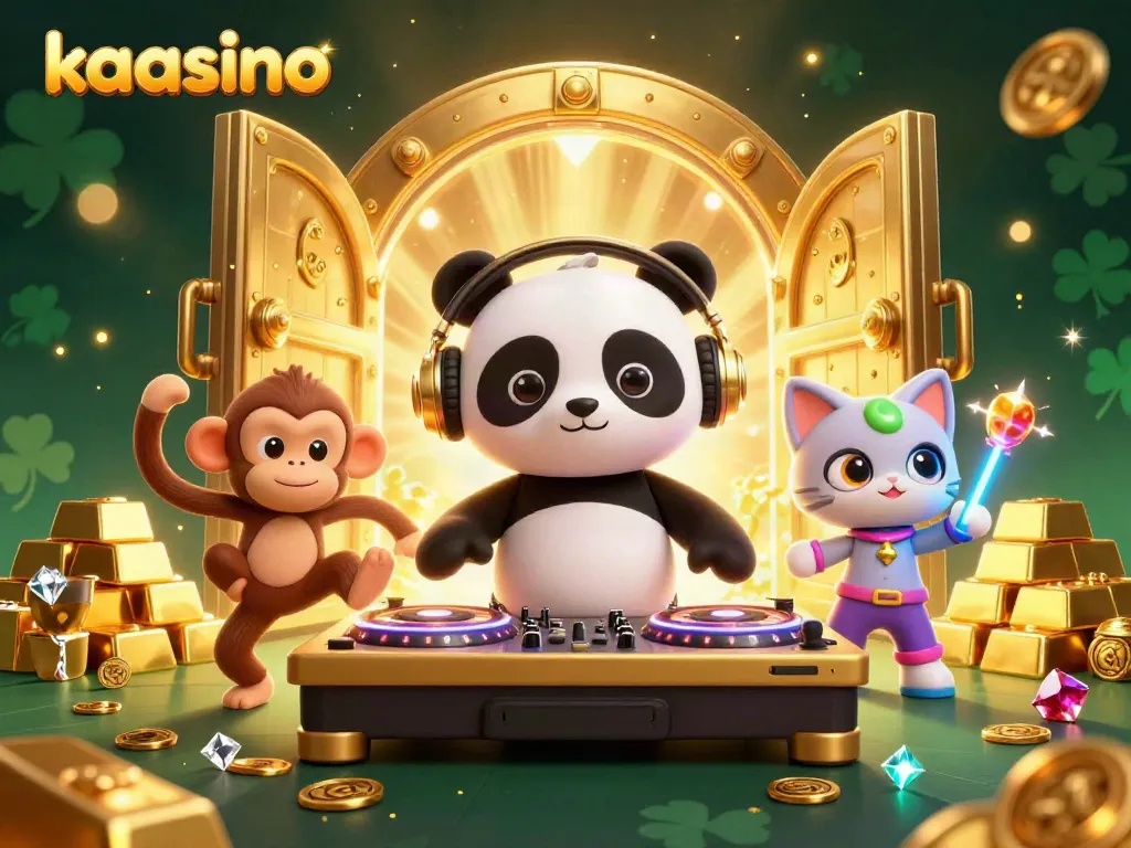 Kaasino interactive scene with whimsical characters celebrating wins around a treasure vault, engaging players.