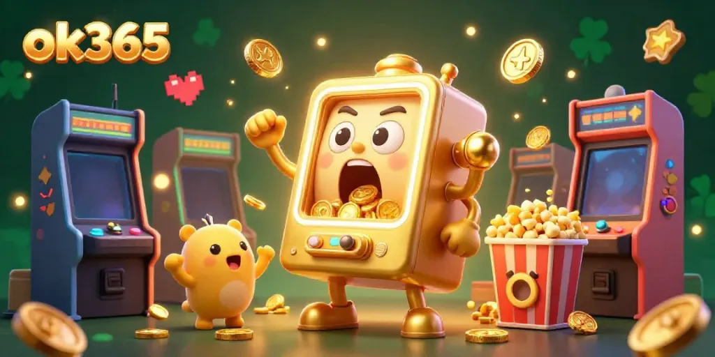 Experience exciting wins with ok365's vibrant slot machine scene filled with cheering characters and sparkling coins.