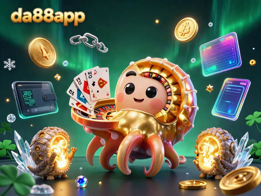 Win big with da88app's stunning 3D scene featuring a giant nautilus roulette wheel and glowing crypto elements.