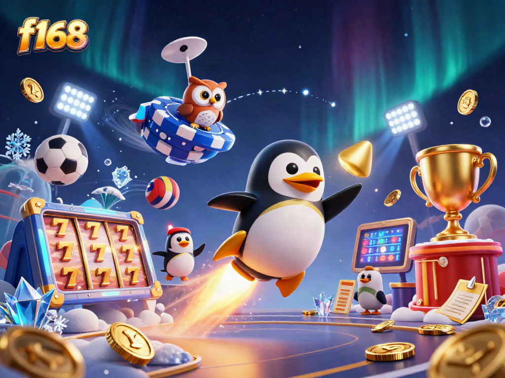 Experience thrilling slots action at f168 with a golden penguin soaring towards jackpot riches.
