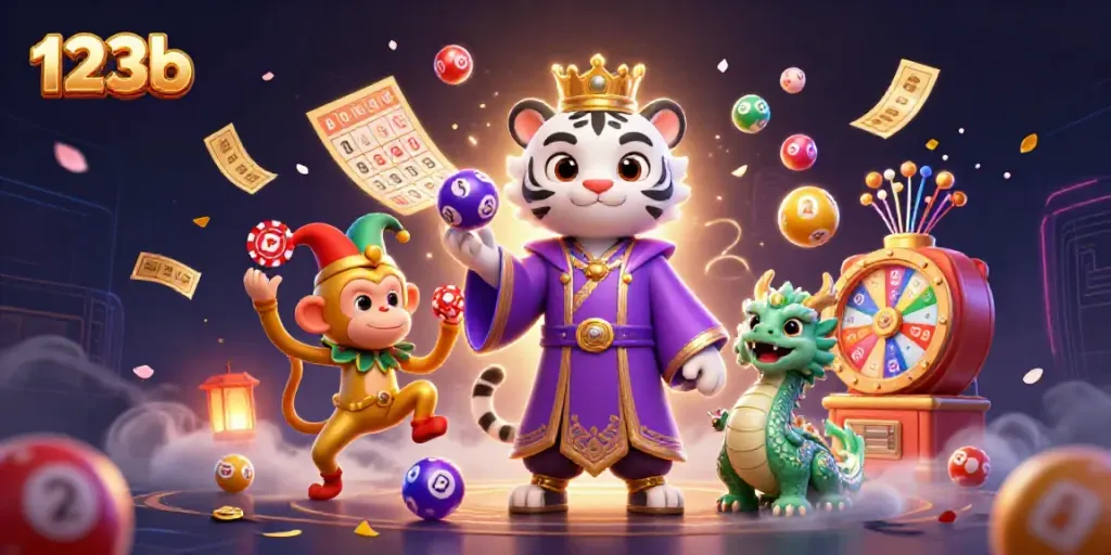 Experience the excitement of 123b with a dynamic scene featuring a white tiger in royal robes and a golden monkey juggling.