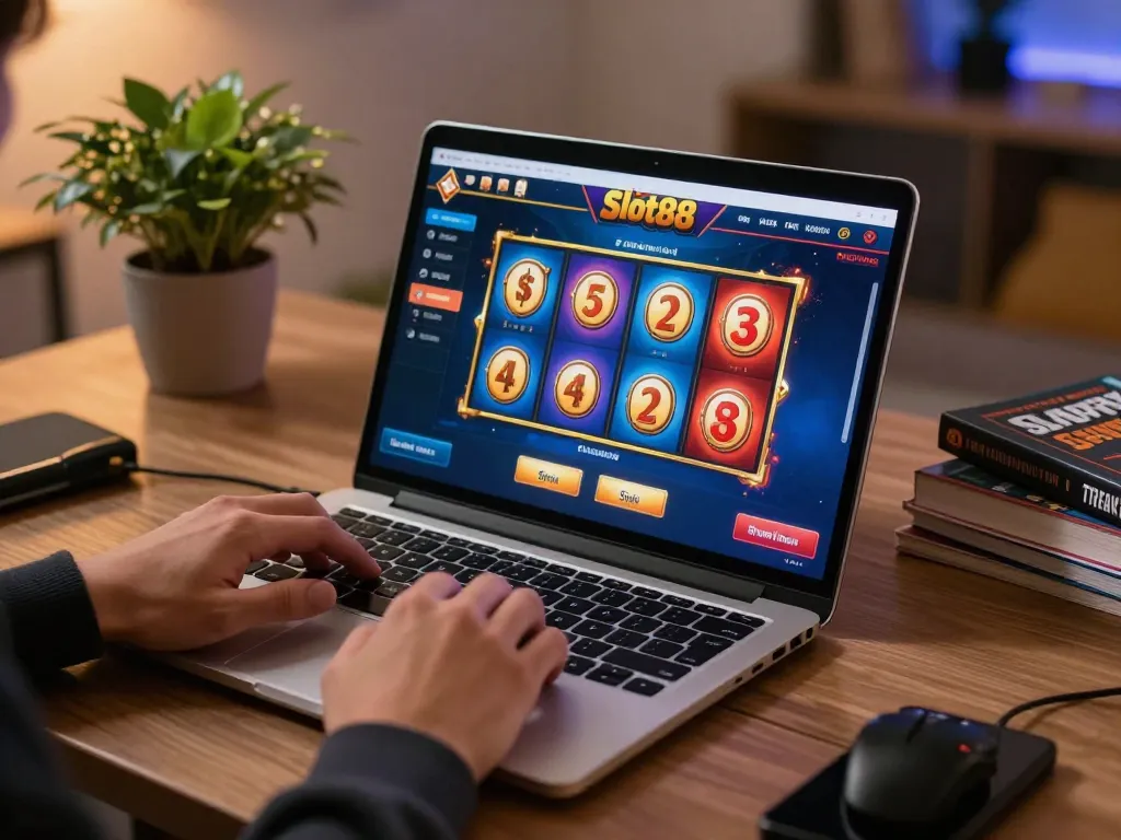 Mainkan permainan kasino slot88 yang menarik di rumah dengan laptop, terlibat dalam putaran dan animasi yang mendebarkan