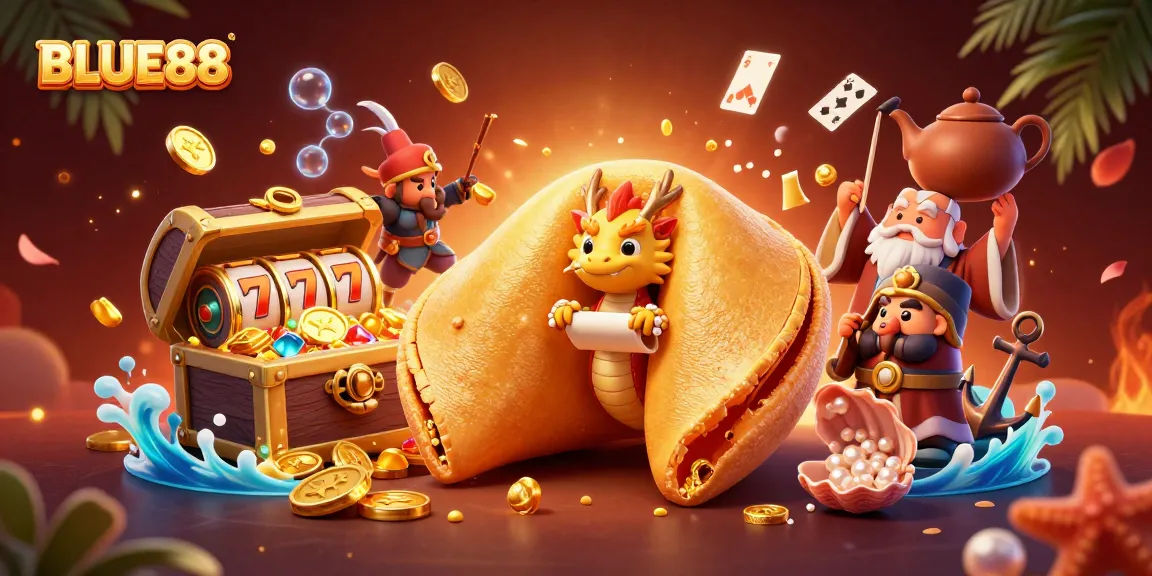 Experience excitement with BLUE88's vibrant casino illustration featuring golden fortune cookie and lively game elements.