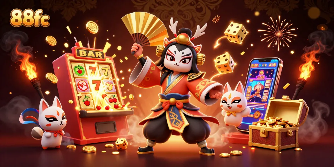 Explore jackpot thrills with 88fc's captivating 3D casino scene featuring vibrant characters and massive slot machines.
