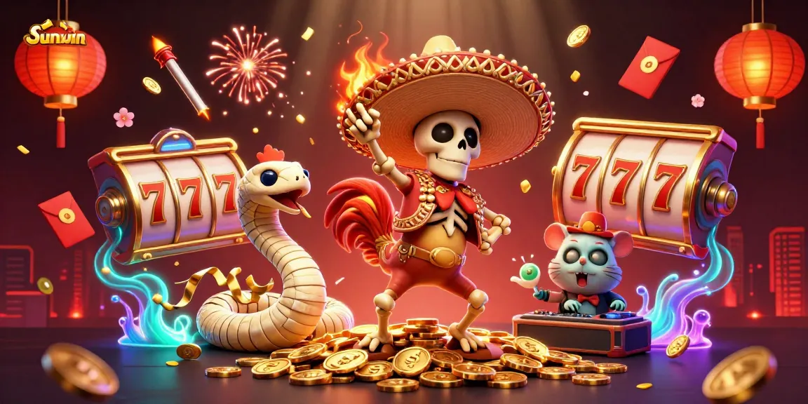 Sunwin players celebrate winning with a dynamic 3D fiesta scene filled with slots, gold coins, and a lively atmosphere.