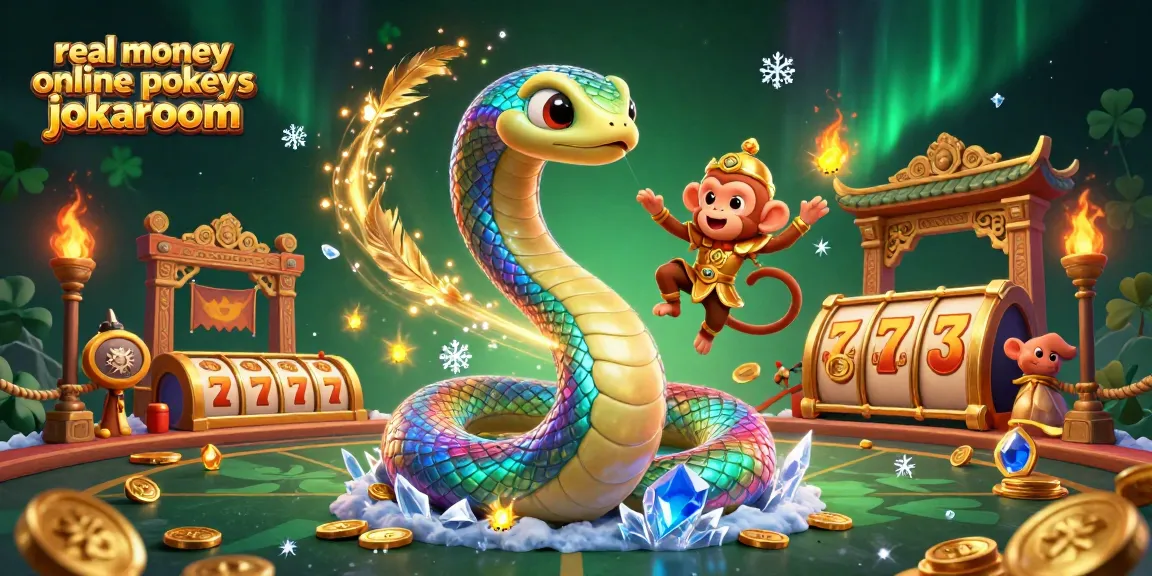 Engage with real money online pokies jokaroom in this dynamic casino scene featuring vibrant characters and slot elements.