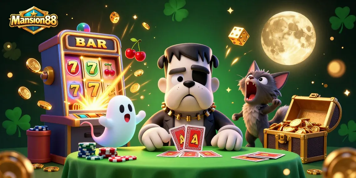 Mansion88 offers thrilling casino fun with a vibrant scene of cartoon characters and jackpot celebrations combined with engaging gaming elements.
