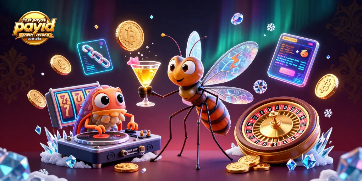 Fast payout payid casino australia illustration showing a lively casino scene with unique characters and elements.