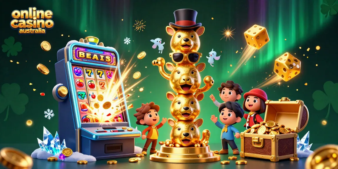 Engage in vibrant action at an online casino australia with a dynamic 3D scene featuring slot machines, golden coins, and colorful game elements.