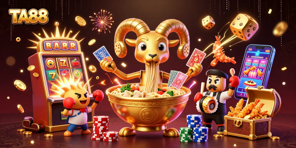 Engage in thrilling gaming action with TA88, featuring festive 3D casino characters amidst a jackpot explosion.