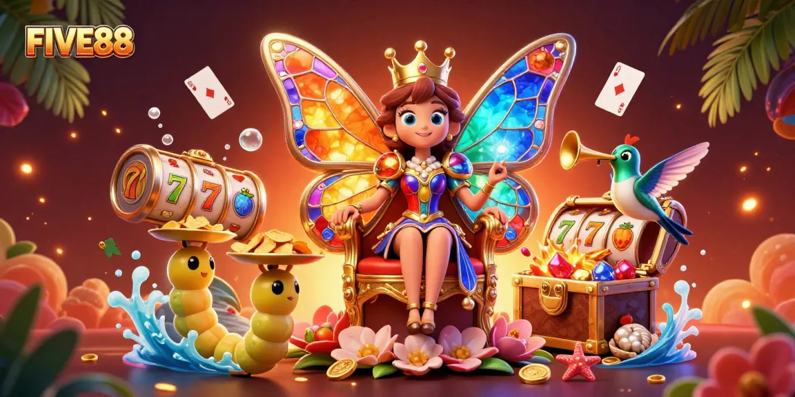 Experience the excitement of FIVE88 in a vibrant casino world with the butterfly queen and treasures.