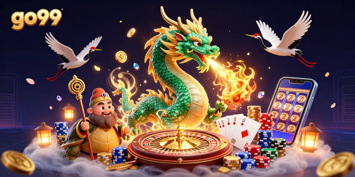 Experience the excitement of go99 with a magical scene featuring a jade dragon, sage, and lucky cranes.