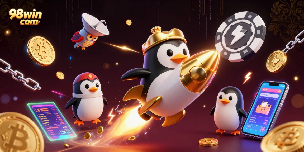 Experience thrilling gameplay at 98win com with a vibrant 3D casino-inspired illustration.