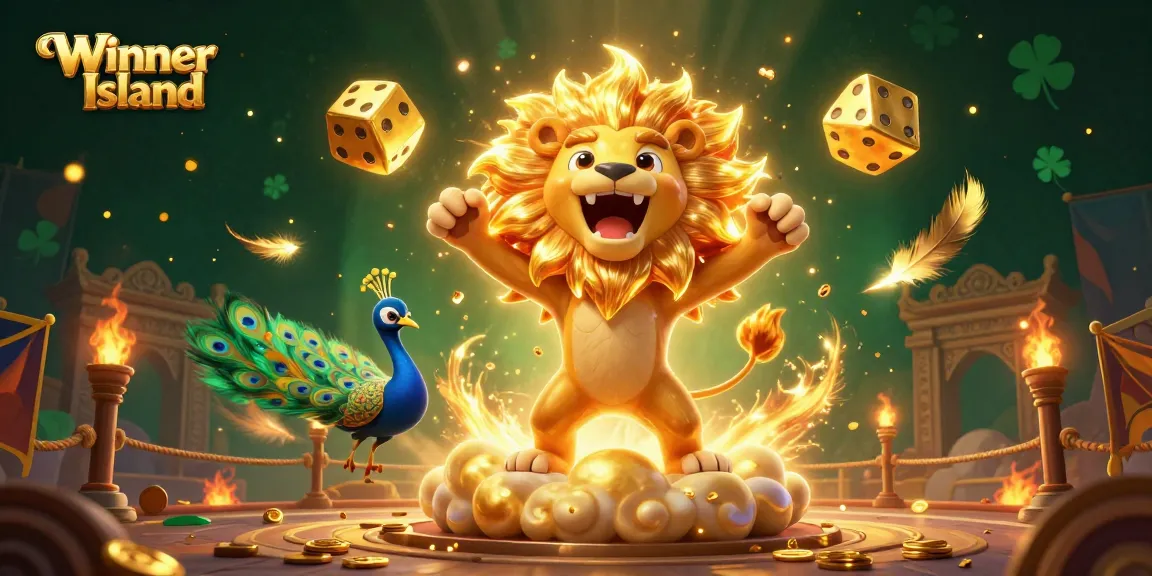 Experience Winner Island as a vibrant casino paradise with golden lions and dice amidst gaming glory.