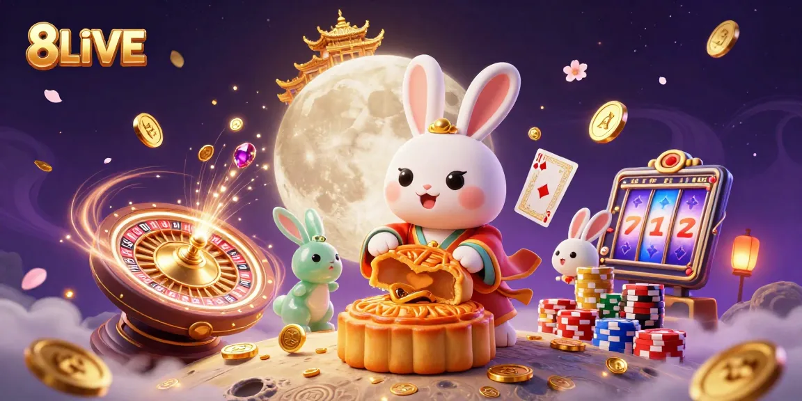 Engage with 8LIVE's casino magic featuring a mythical moon rabbit and sparkling treasures.