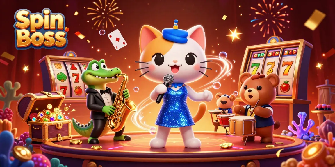 Spin Boss characters celebrating with colorful casino elements and a vibrant backdrop.
