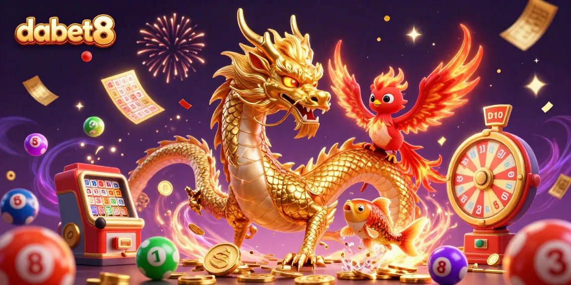 Experience gaming excitement with dabet8 featuring a golden dragon, phoenix, and koi fish amidst vibrant casino elements.