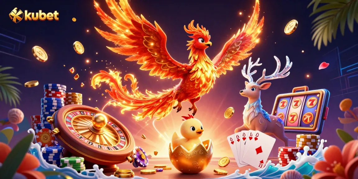 Kubet players spinning the roulette wheel and winning with cascading golden coins and gems in an exciting casino scene.