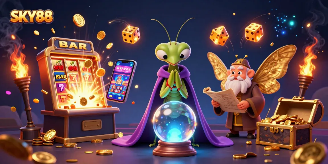 Engage with SKY88 casino featuring a vibrant 3D illustration of a praying mantis fortune teller and an ancient scroll librarian surrounded by gaming elements.