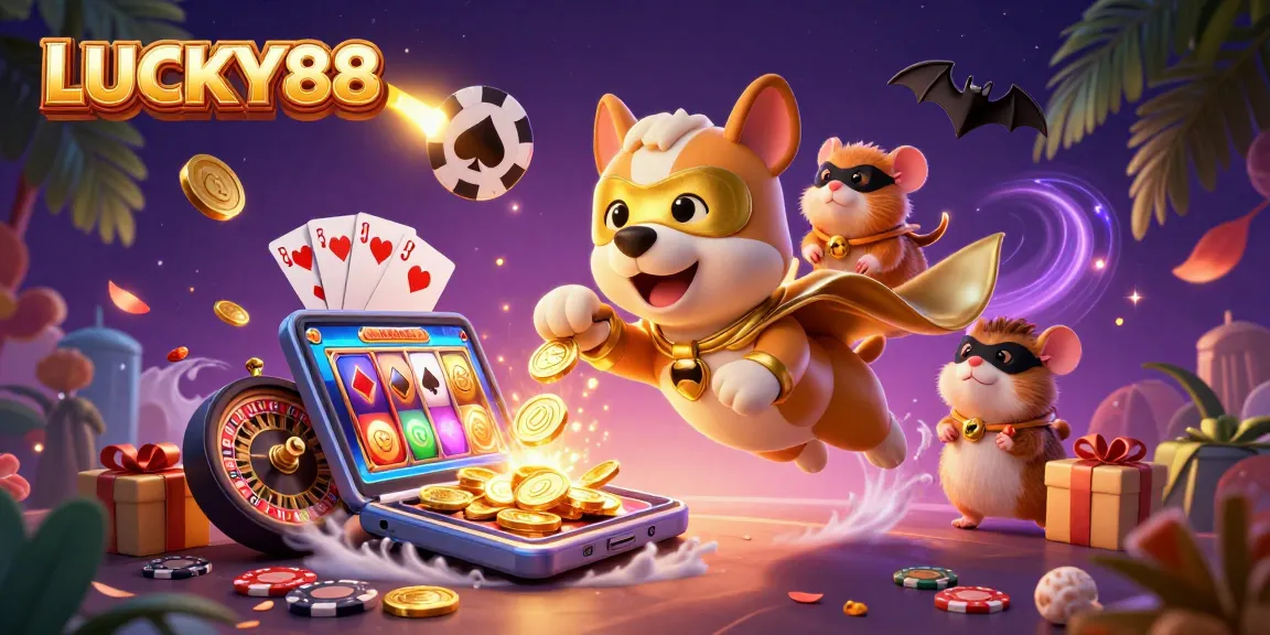Experience winning excitement with LUCKY88 in this vibrant 3D slot illustration featuring captivating game elements.