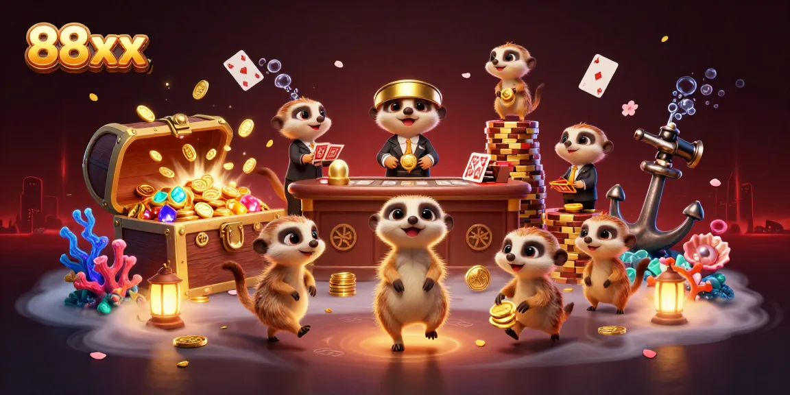 Experience thrilling action at the 88xx casino with meerkats managing a vibrant gaming scene.