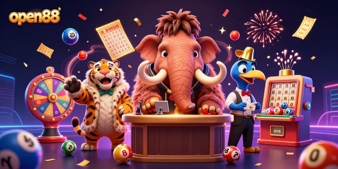 Experience open88 with festive lottery elements, casino bouncers, and vibrant VIP guests in an engaging 3D scene.